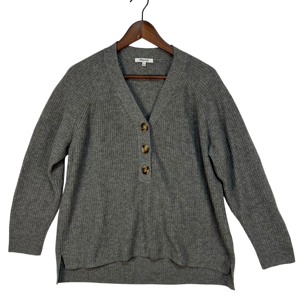 Madewell Lyle Henley Sweater Womens L Gray Merino Wool Blend Ribbed Knit Neutral